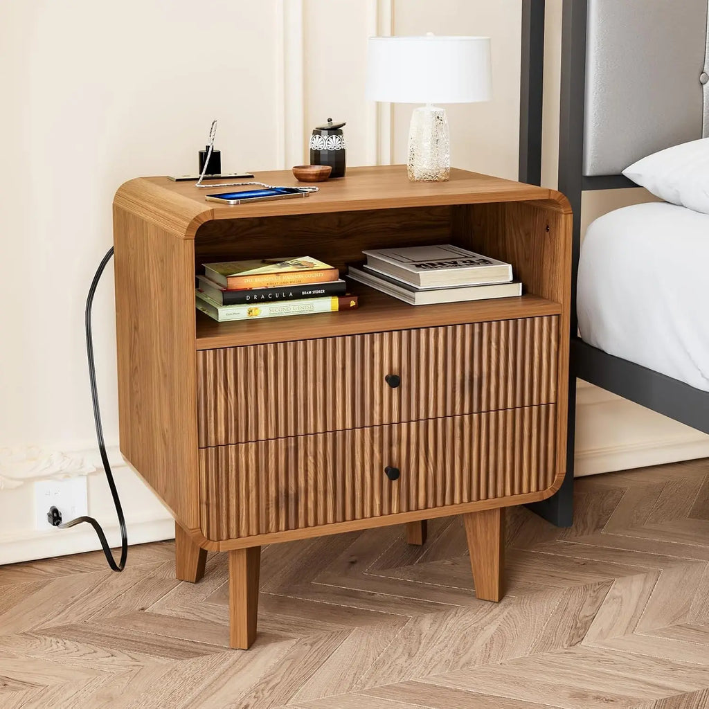 Modern Wooden Nightstand with 2 Drawers Charging Station Bedside Table Walnut
