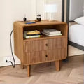 Modern Wooden Nightstand with 2 Drawers Charging Station Bedside Table Walnut