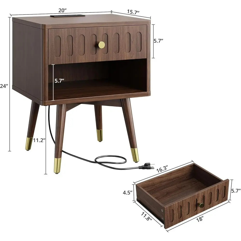 61cm Nightstand Set of 2 with Drawer Charging Station Open Shelf