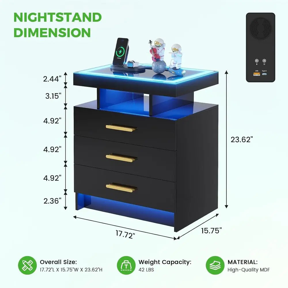 Modern Nightstand Set of 2 with 3 Drawers Charging Station High Gloss