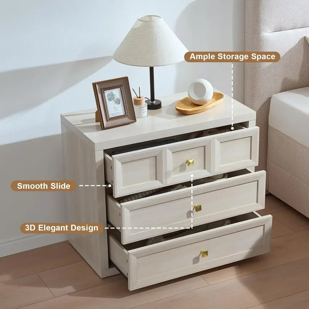 Modern 2-Piece Nightstand Set 3-Drawer Bedside Table with Charging Station