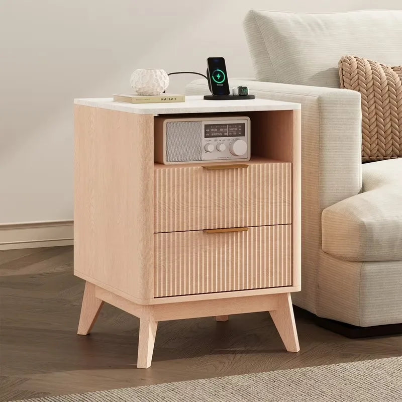 64cm Modern Nightstand with 2 Drawers Charging Station Faux Marble Top