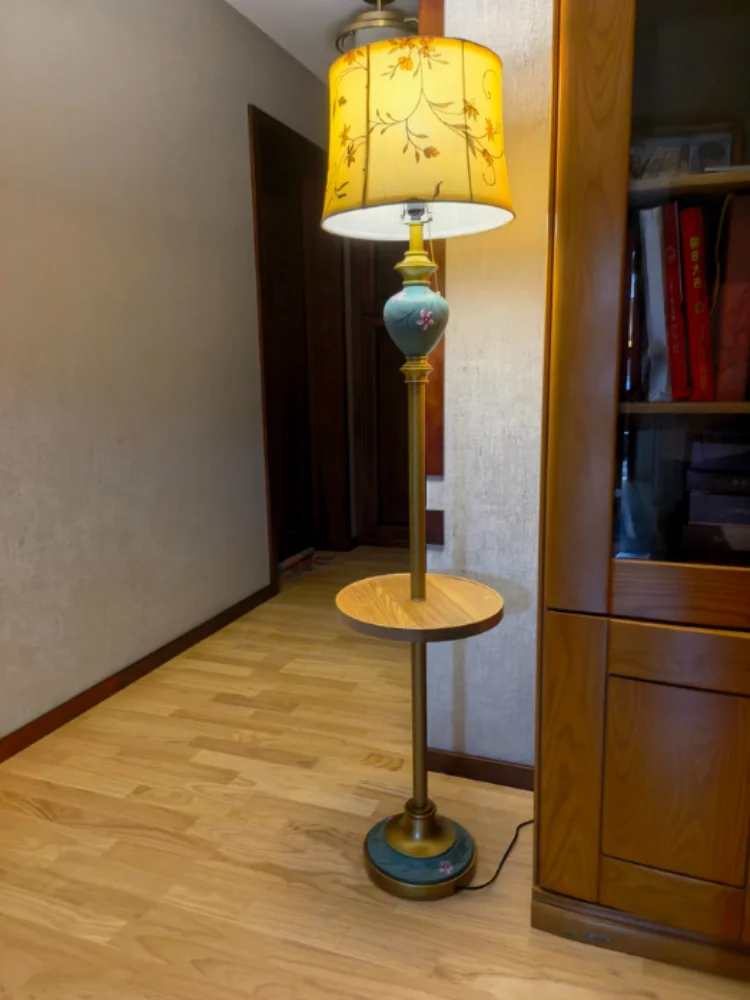 European Luxury Retro Fabric Floor Lamp with Storage Rack LED