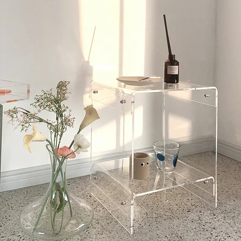Nordic Acrylic Double-Deck Coffee Table Transparent Side Table with Storage for Living Room Bedroom