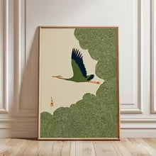 Japanese Crane Swirling Cloud Skies Canvas Painting Poster for Home Decor