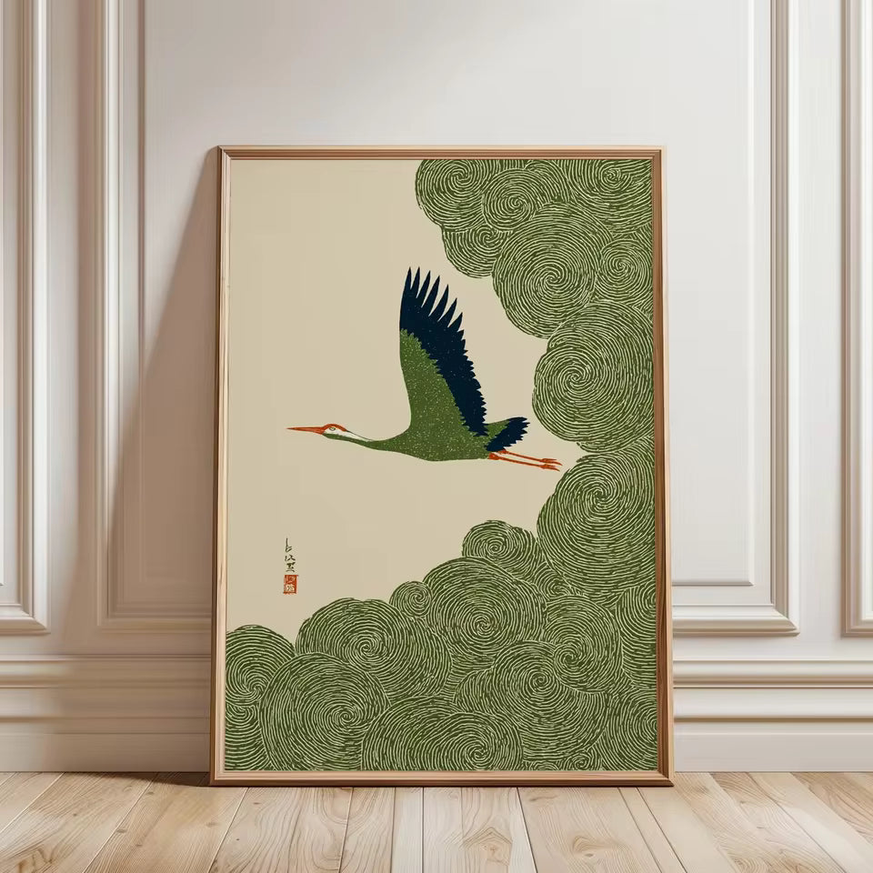 Japanese Crane Swirling Cloud Skies Canvas Painting Poster for Home Decor