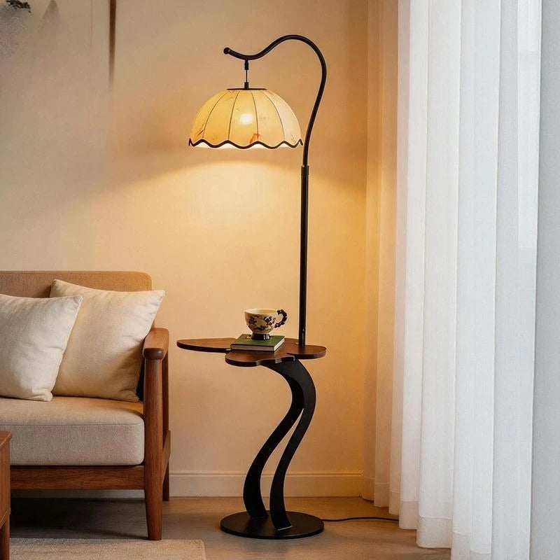 Mid Century Fabric Shade LED Shelf Floor Lamp Living Room