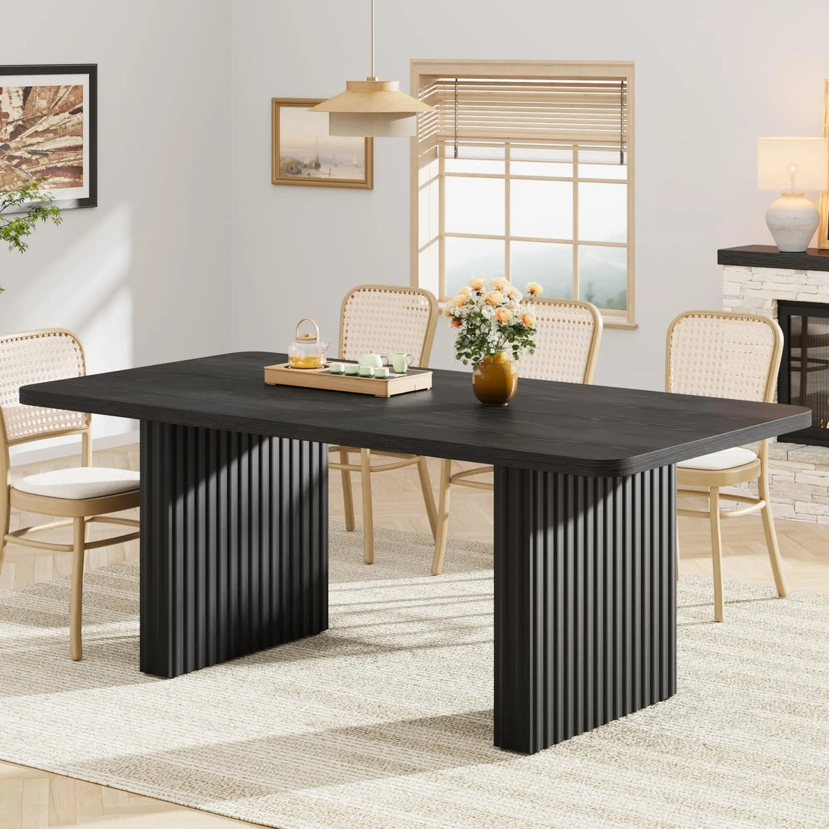 Modern Rectangular Dining Table with Wooden Top and Fluted Metal Legs