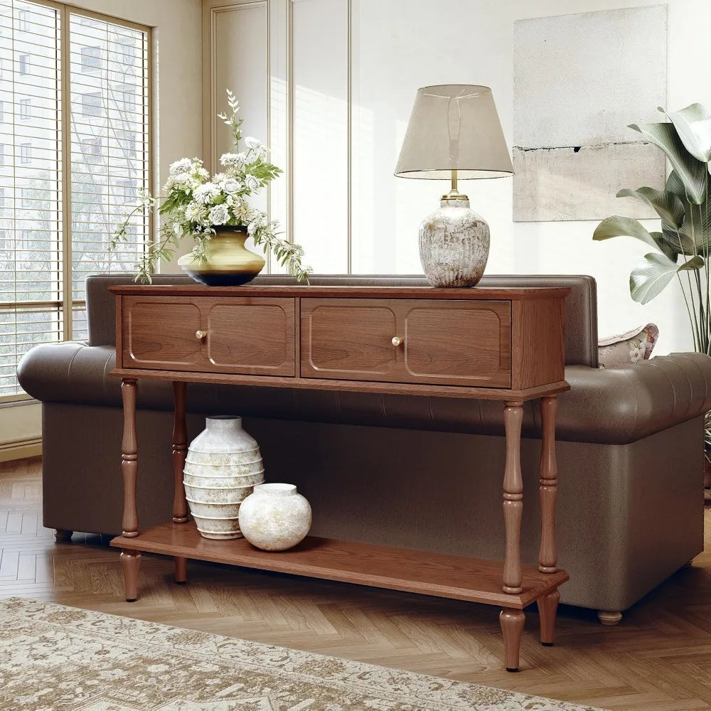 Narrow Mid-Century Wooden Console Table with Drawers and Storage