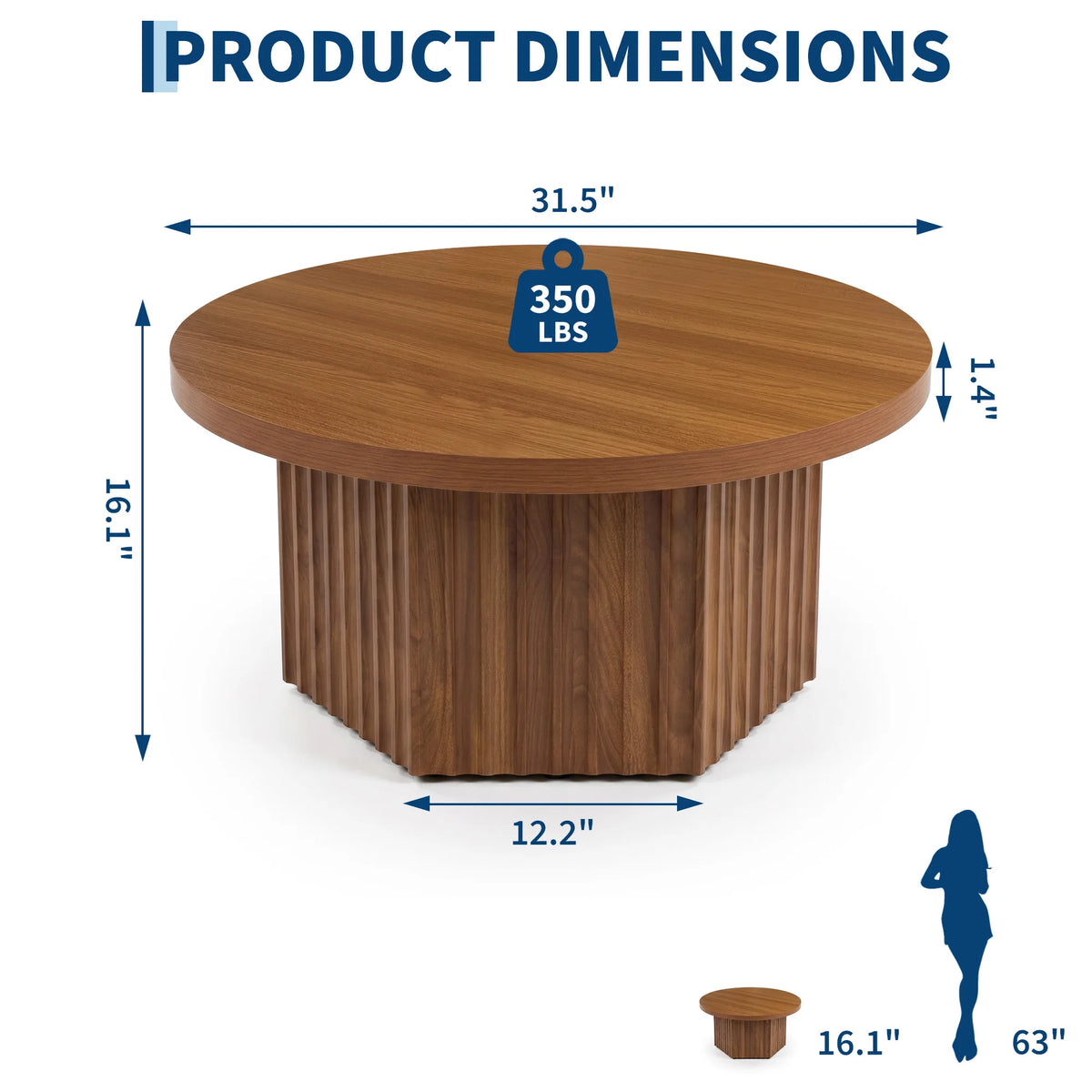 80 cm Round Fluted Drum Coffee Table with MDF Top for Living Room Apartment