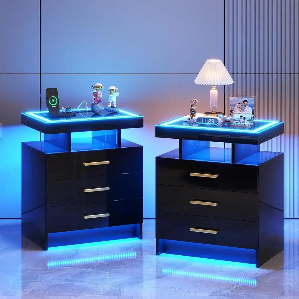 Modern Nightstand Set of 2 with 3 Drawers Charging Station High Gloss