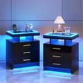 Modern Nightstand Set of 2 with 3 Drawers Charging Station High Gloss
