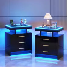 Modern Nightstand Set of 2 with 3 Drawers Charging Station High Gloss