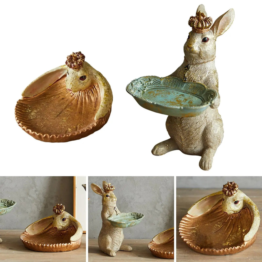 Cute Modern Bunny Resin Figurine Storage Tray Tabletop Ornament for Home Decor