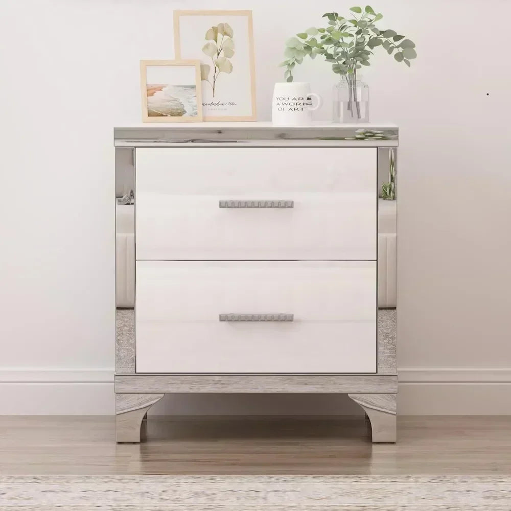 Modern White 2-Drawer High Gloss Nightstand with Metal Legs