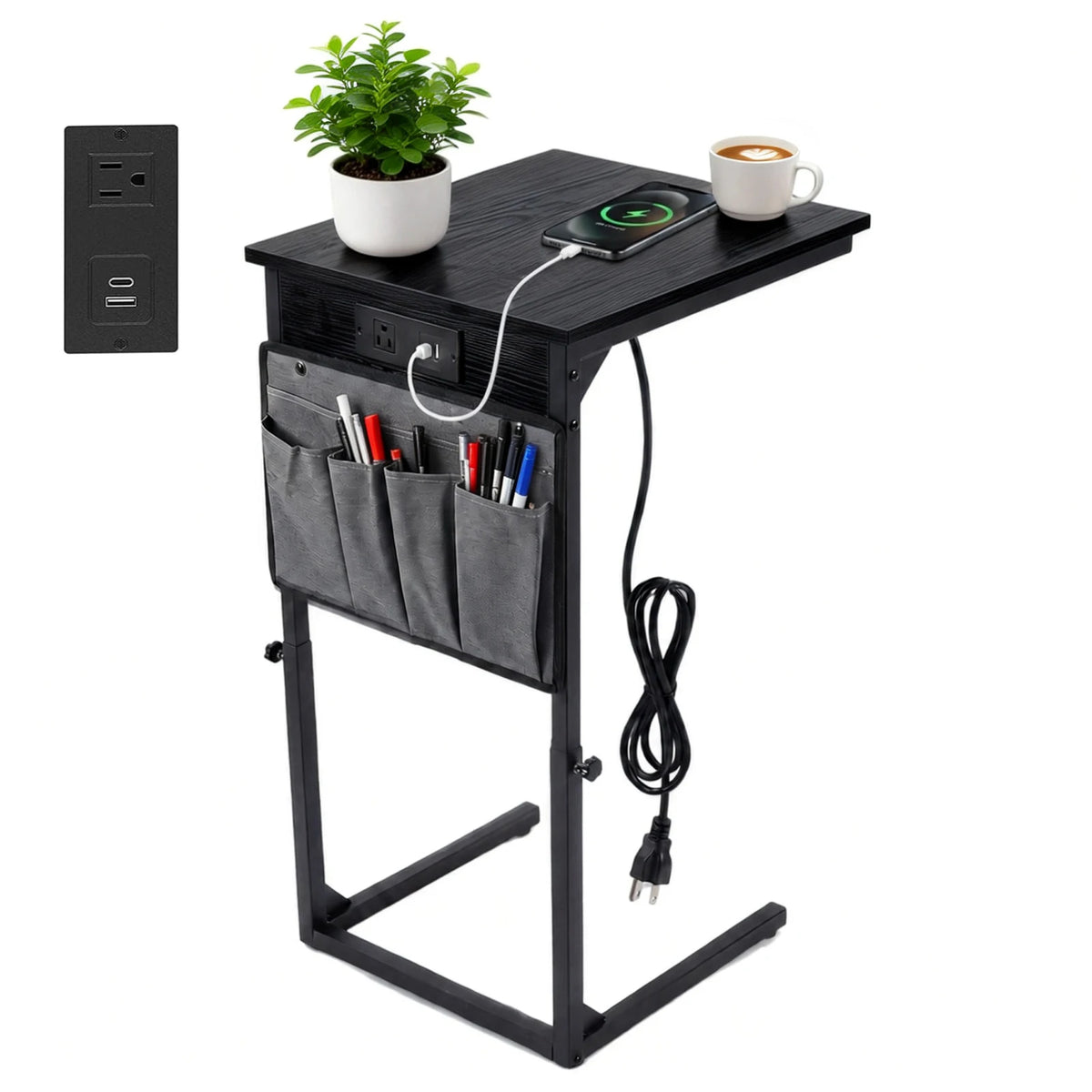 Adjustable Height C-Shaped End Table with Charging Station Slide Under Sofa TV Tray