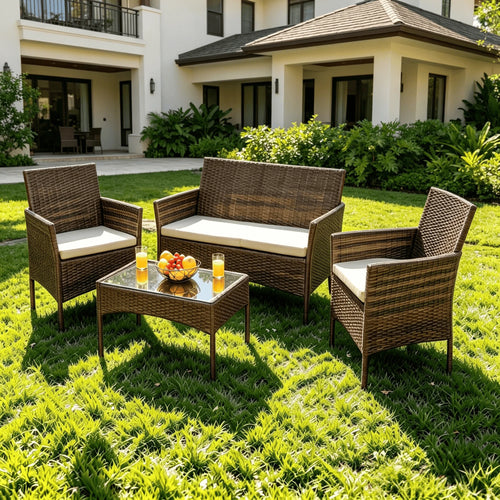 4-Piece PE Wicker Patio Conversation Set with Glass Coffee Table