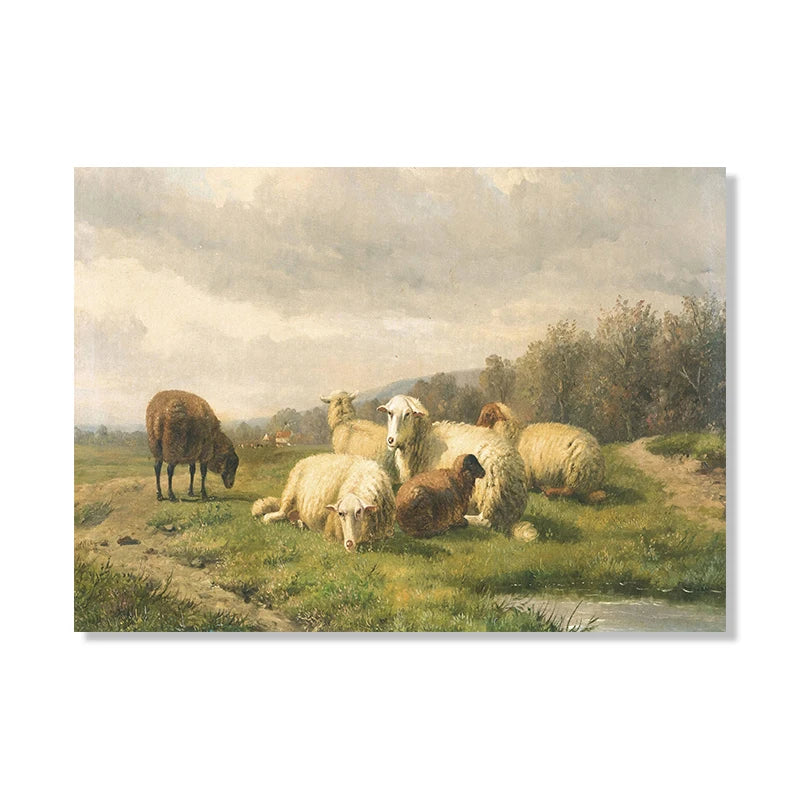 Vintage Sheep Landscape Canvas Painting Poster for Home Decor