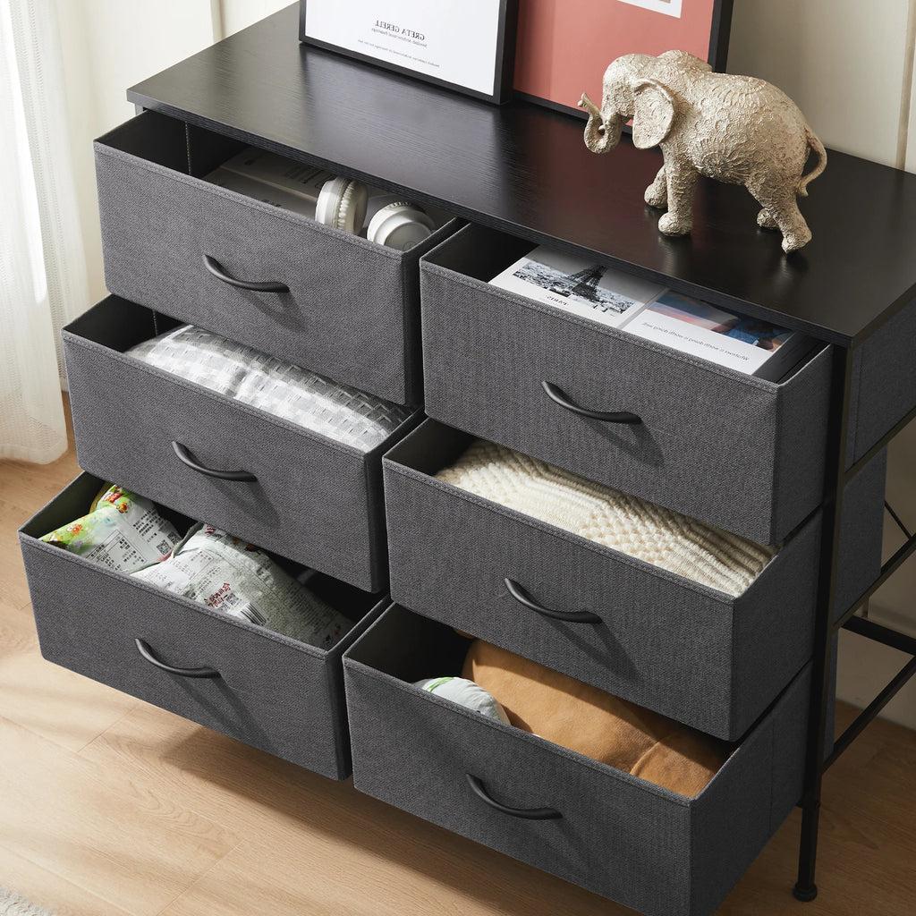 6-Drawer Fabric Nightstand Bedside Table with Metal Frame and Wooden Top