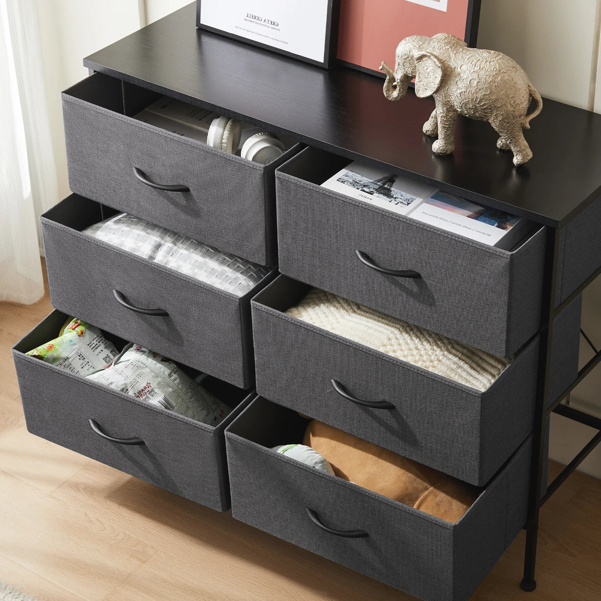 6-Drawer Fabric Nightstand Bedside Table with Metal Frame and Wooden Top
