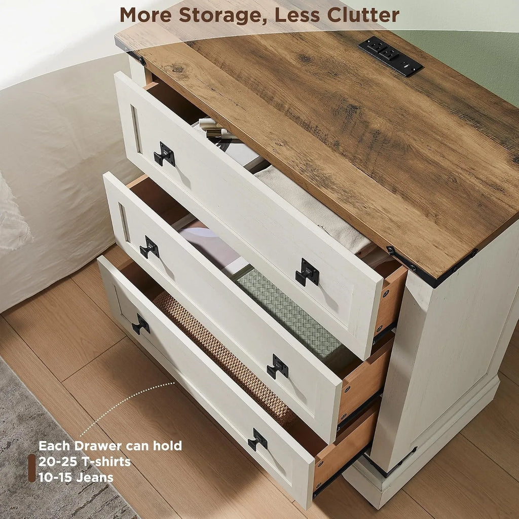 81cm Farmhouse Wooden Nightstand with 3 Drawers Charging Station Bedside Table