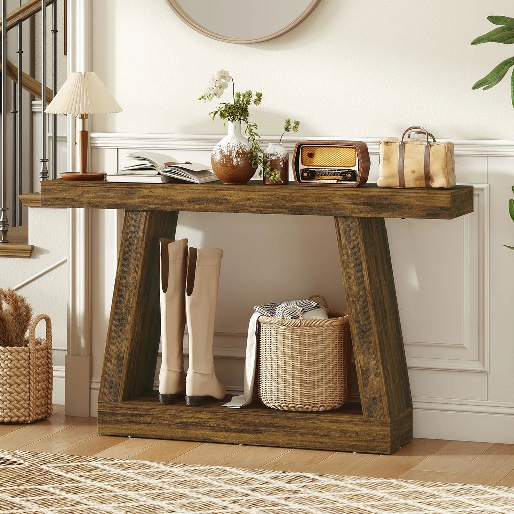 55.1" Narrow Entryway Table 2-Tier Console Table with Thickened Tabletop Storage Shelf Trapezoidal Base Rustic Brown