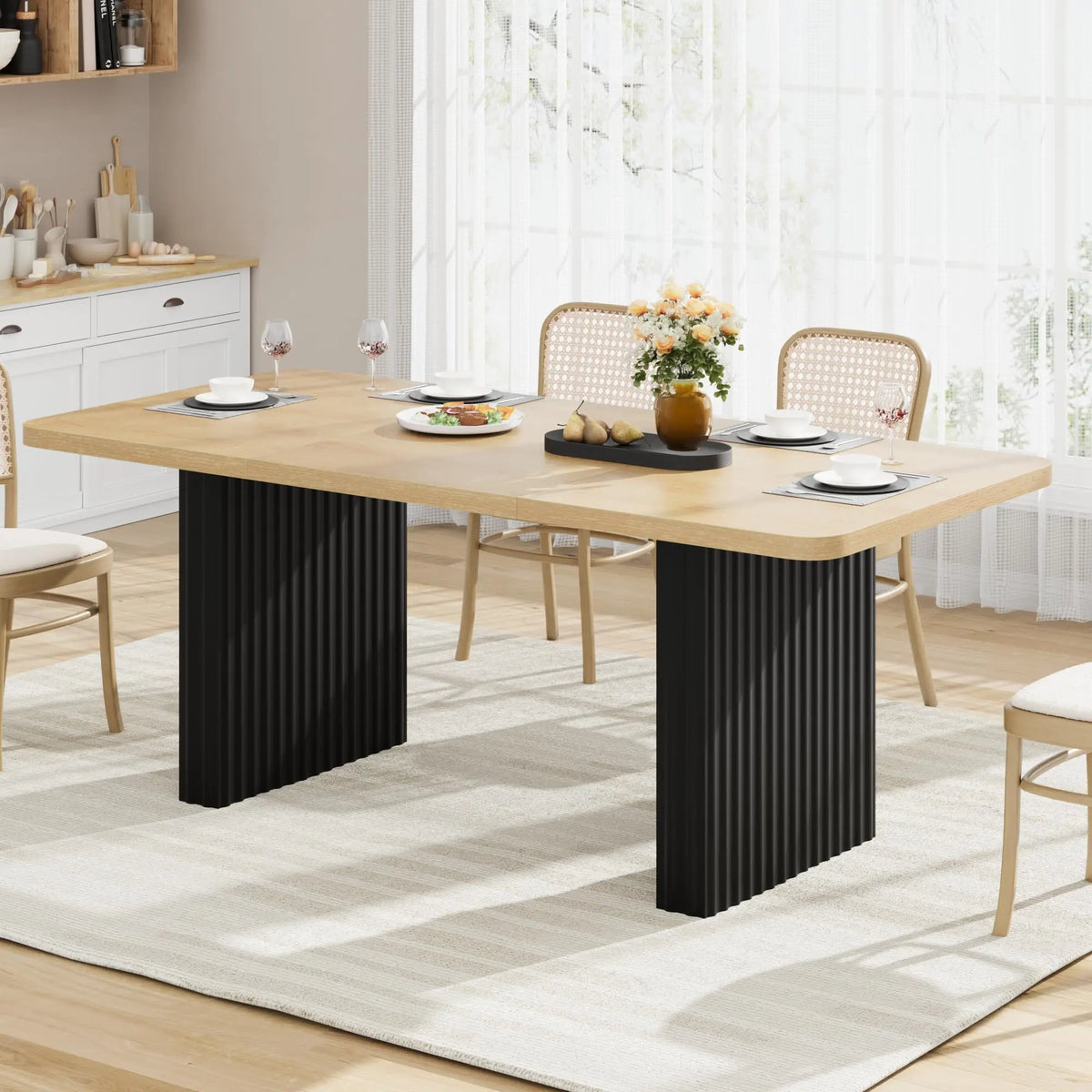 Modern Rectangular Dining Table with Wooden Top and Fluted Metal Legs