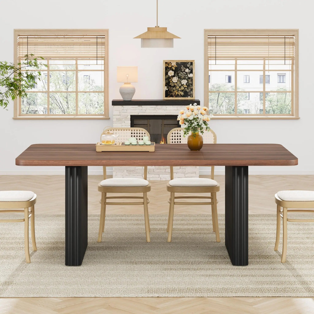 Modern Rectangular Dining Table with Wooden Top and Fluted Metal Legs