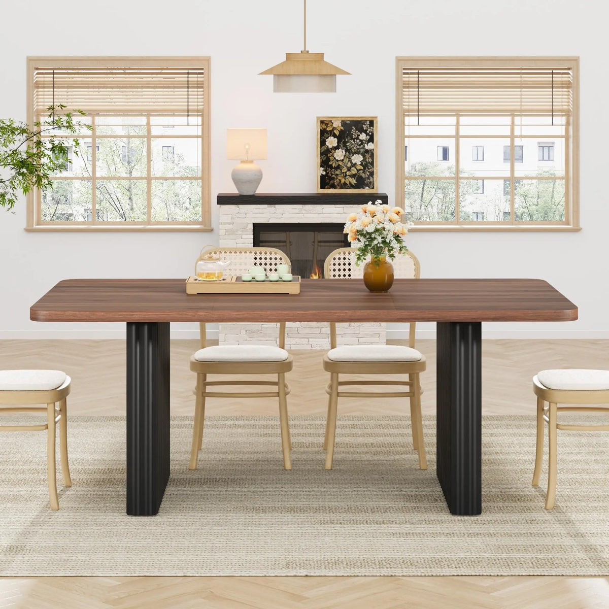Modern Rectangular Dining Table with Wooden Top and Fluted Metal Legs
