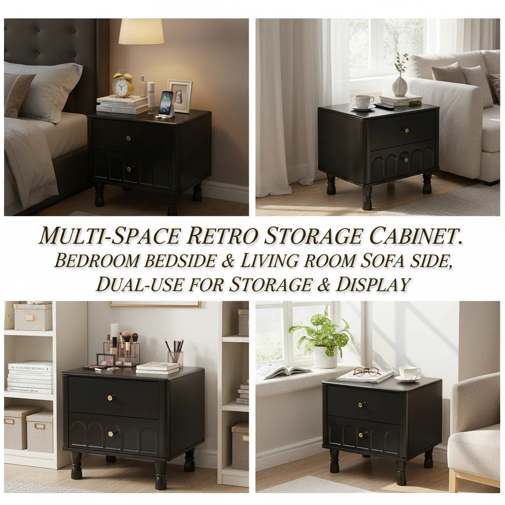 Retro Black 2-Drawer Wooden Nightstand with Metal Handles