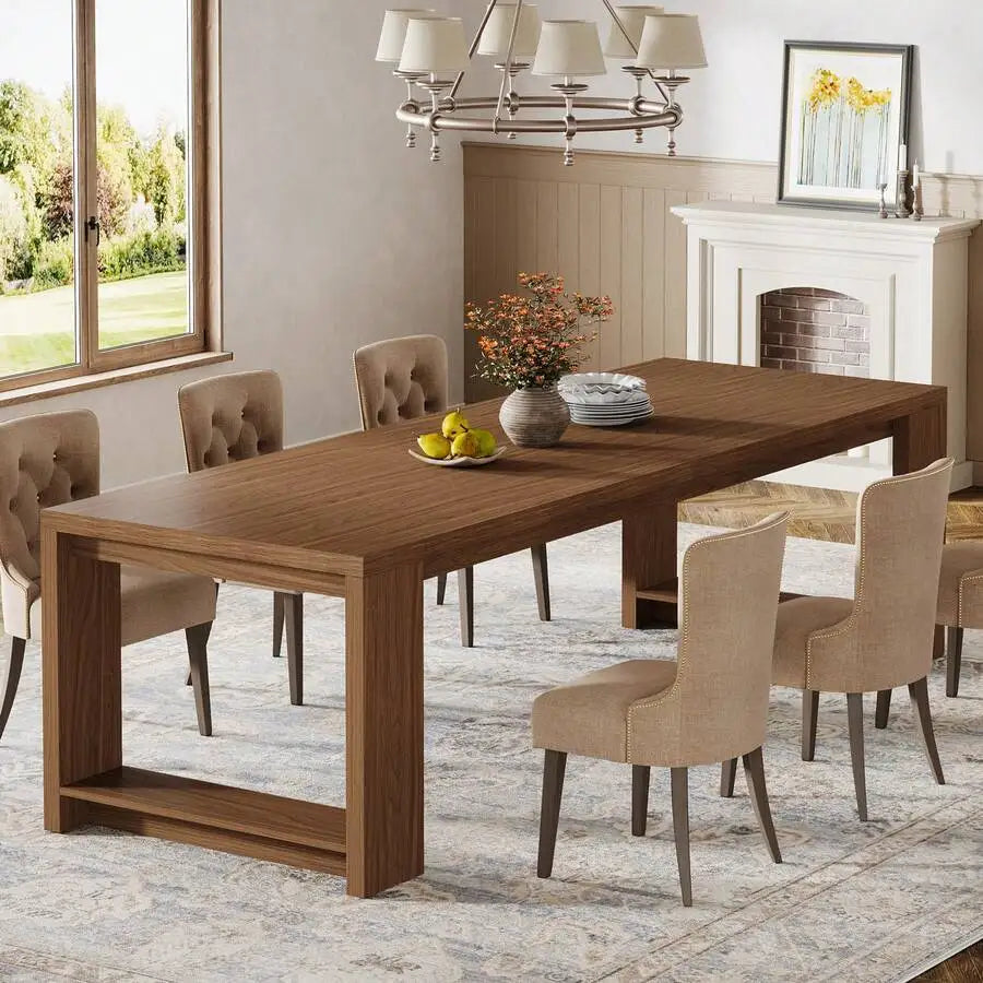 220cm Farmhouse Rectangular Dining Table with Wooden Pedestal Base