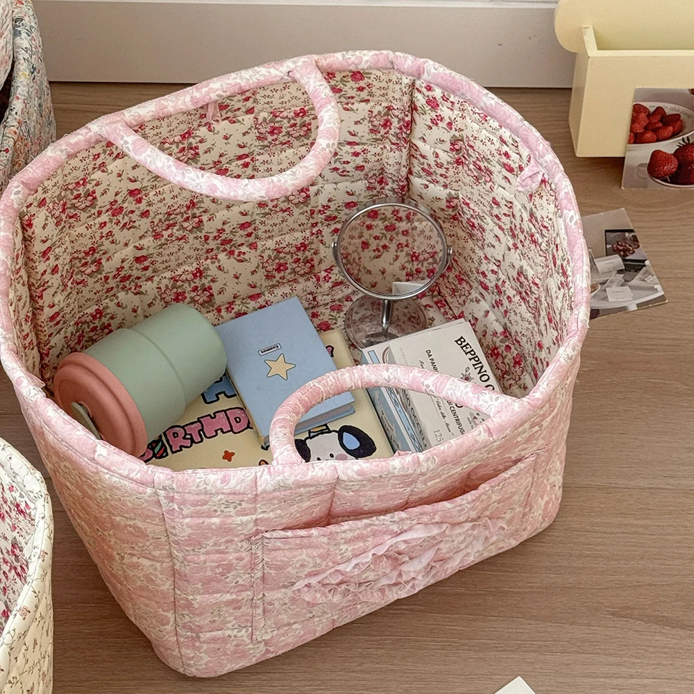 Vintage Floral Quilted Storage Basket With Handle for Home Decor