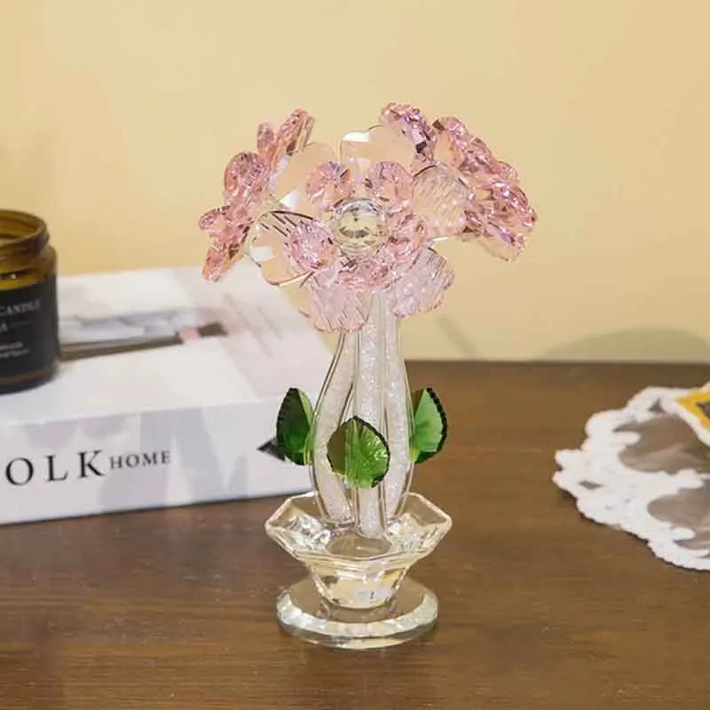 Modern Crystal Flower Basket Sculpture for Tabletop Decor