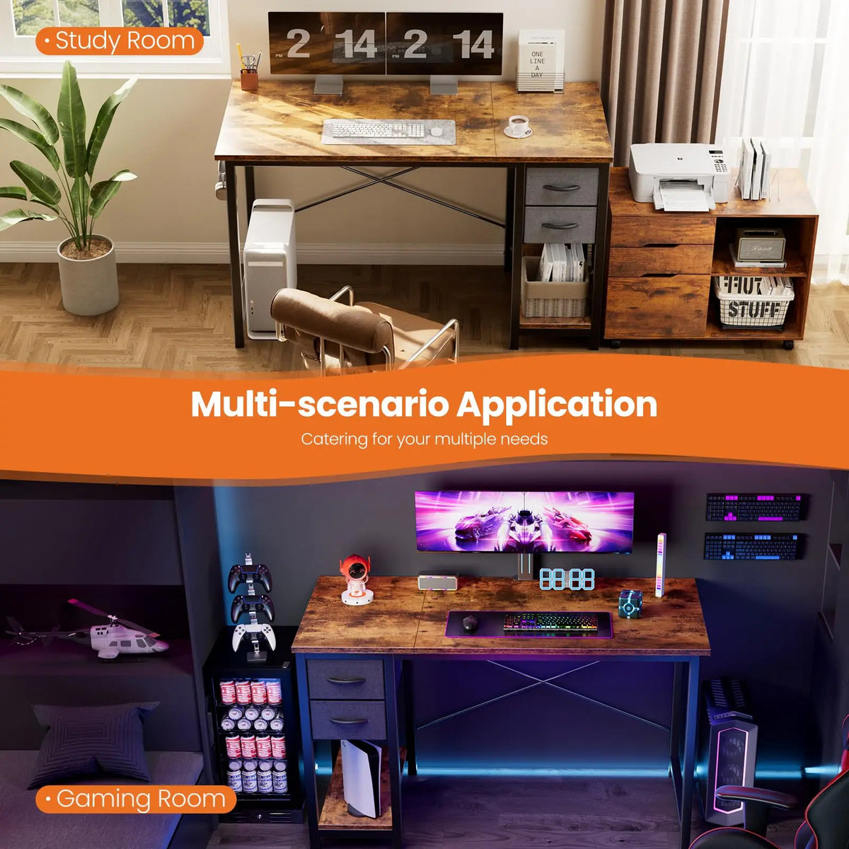 120 cm Computer Desk with 2 Drawers Study Office Gaming Table Adjustable Position Modern Work Table
