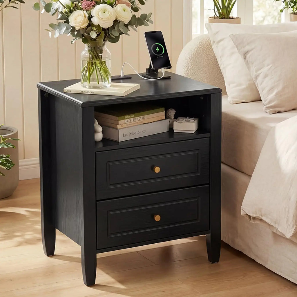 Modern Nightstand with Charging Station 2 Drawers and Open Shelf Bedside Table
