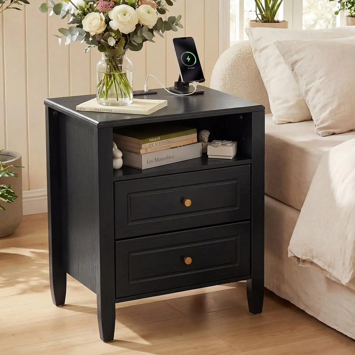 Modern Nightstand with Charging Station 2 Drawers and Open Shelf Bedside Table