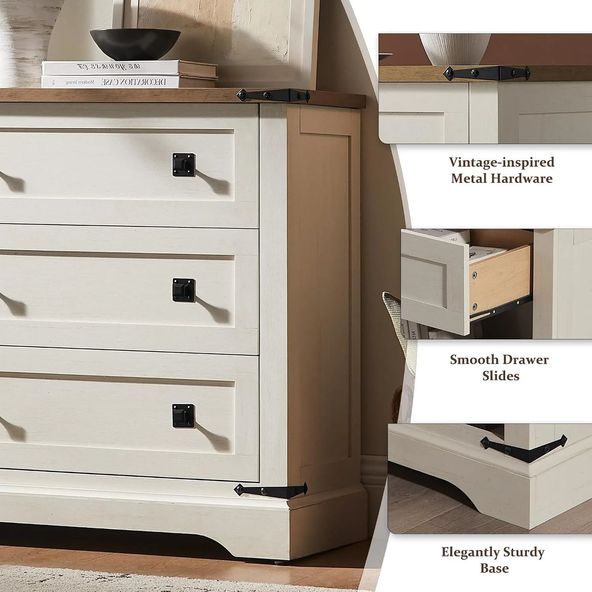 81cm Farmhouse Wooden Nightstand with 3 Drawers Charging Station Bedside Table
