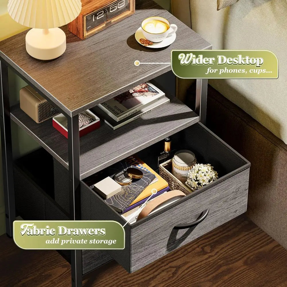 60cm Modern Nightstand Set of 2 Wood Bedside Tables Fabric Drawers