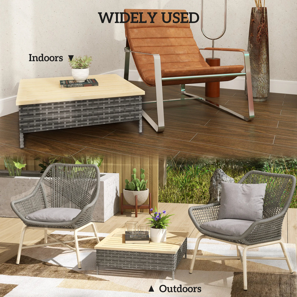 Square PE Rattan Outdoor Side Table with Fir Wood Top 70x70x25 cm