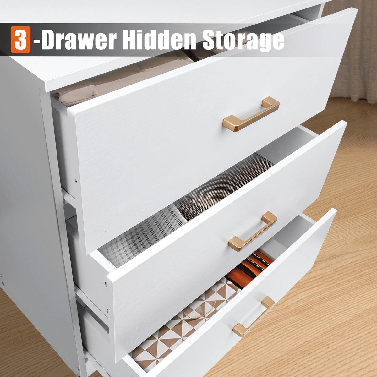 66cm Modern 3-Drawer Nightstand Wooden Bedside Storage Cabinet White
