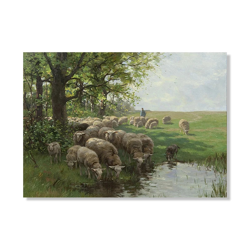 Vintage Sheep Landscape Canvas Painting Poster for Home Decor
