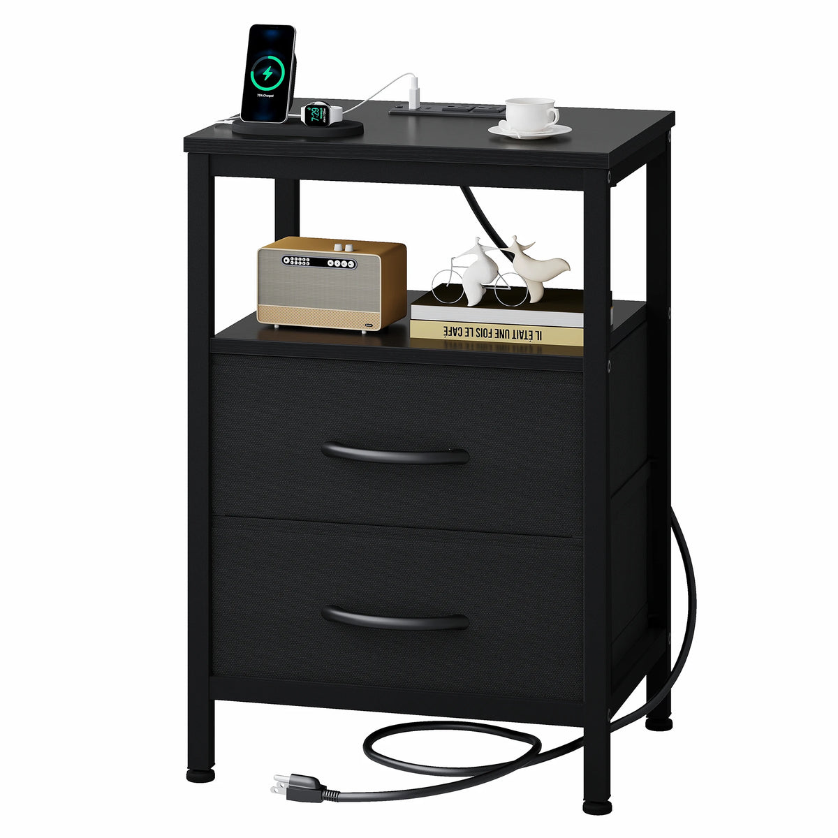 Nightstand with Charging Station and 2 Fabric Drawers 40 cm Wide