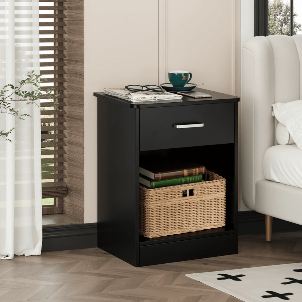 60cm Modern 1-Drawer Nightstand Wooden Bedside Table with Storage Shelf Black
