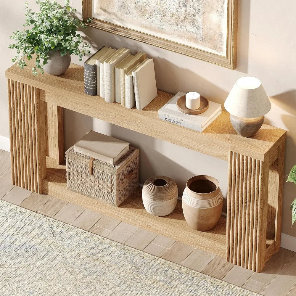 180 cm Fluted Wooden Console Table with Storage Rectangular Behind Couch Entryway Furniture