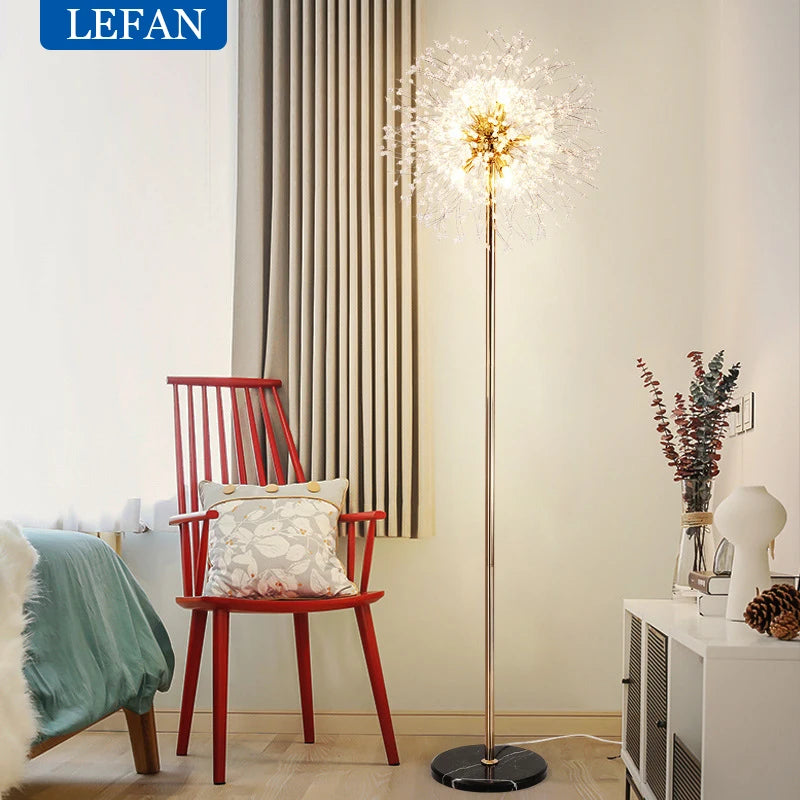 Modern Crystal LED Dandelion Floor Lamp Gold Chrome for Living Room Dining Room