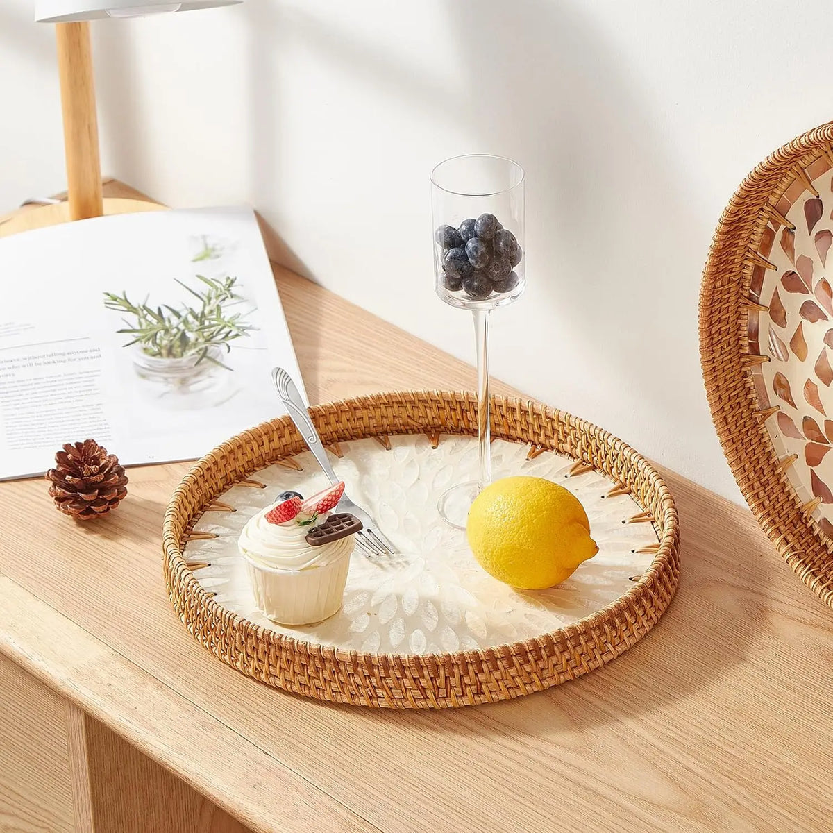 Nordic Round Rattan Inlay Fruit Plate Storage Tray Home Decor