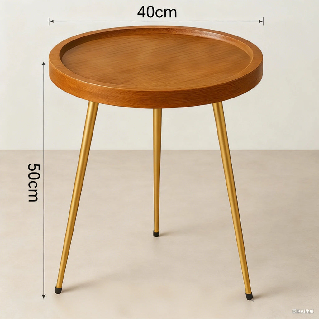 Round Natural Oak Coffee Table with Golden Metal Frame Side End Table