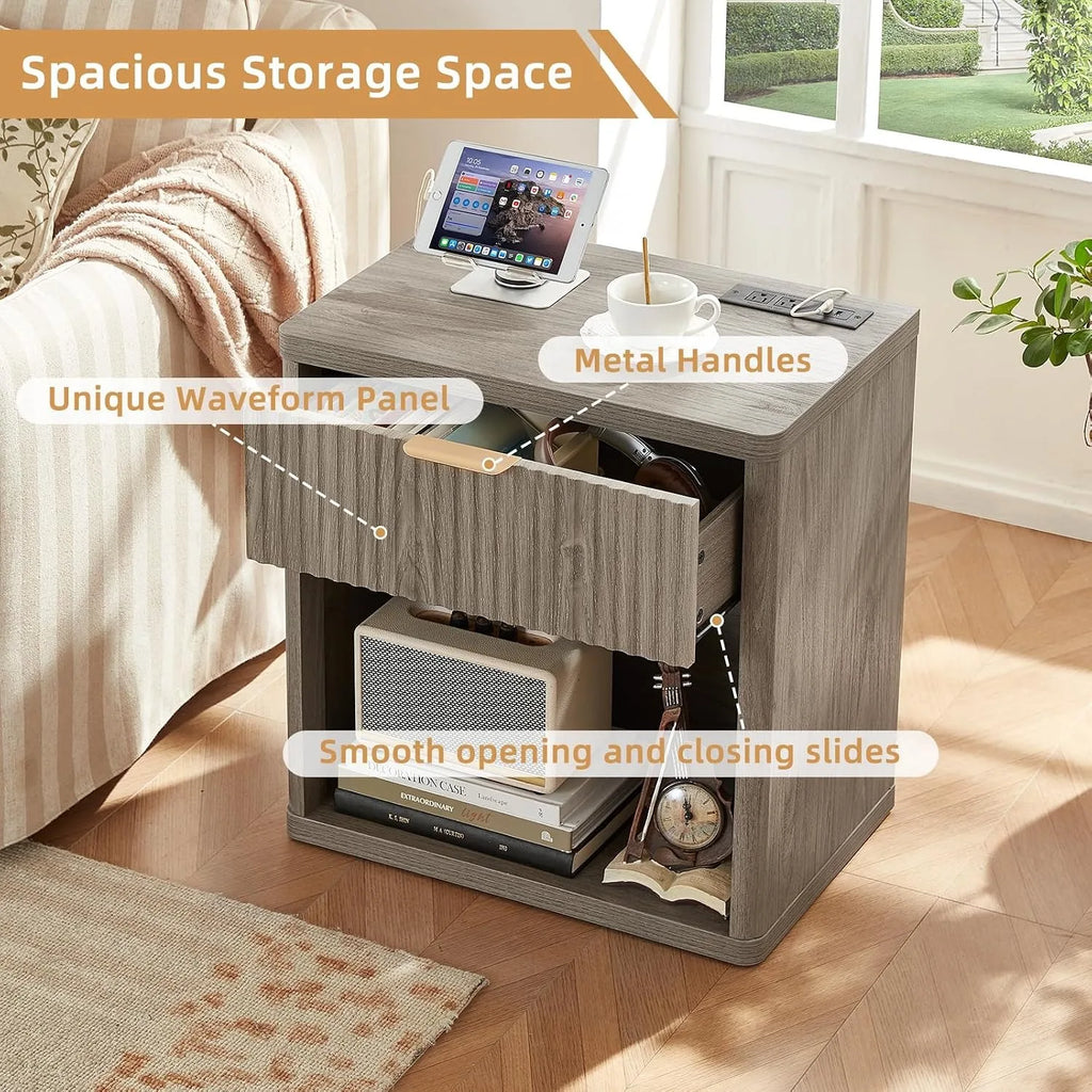 58cm Fluted Farmhouse Nightstand with Drawer Charging Station End Table