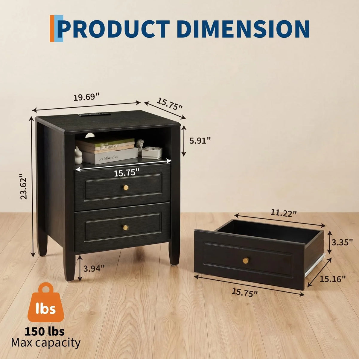 Modern Nightstand with Charging Station 2 Drawers and Open Shelf Bedside Table