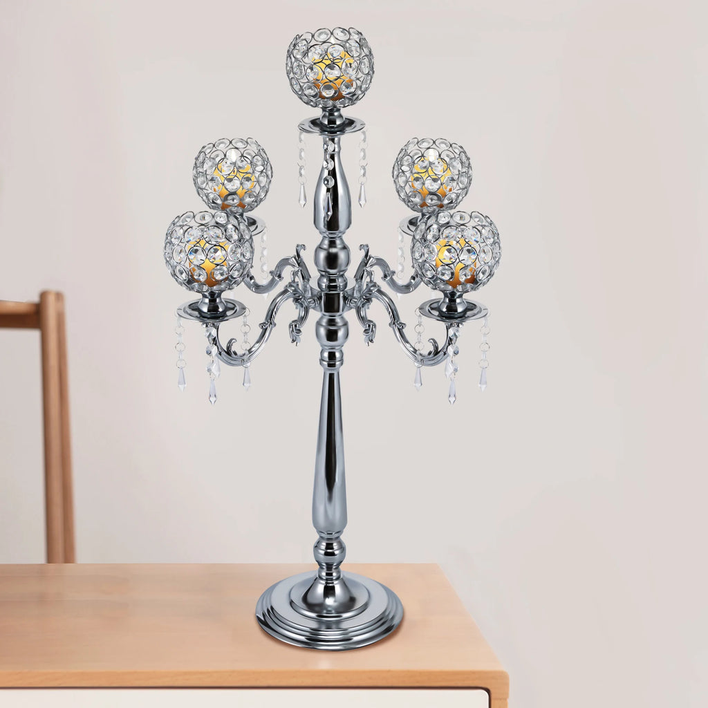 Modern 5 Arms Crystal Candlestick Holder Tabletop Ornament for Home Decor
